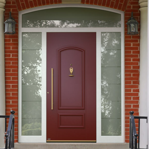 Front Door in red with transom light
