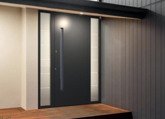 Black entry door with lighting and side panels